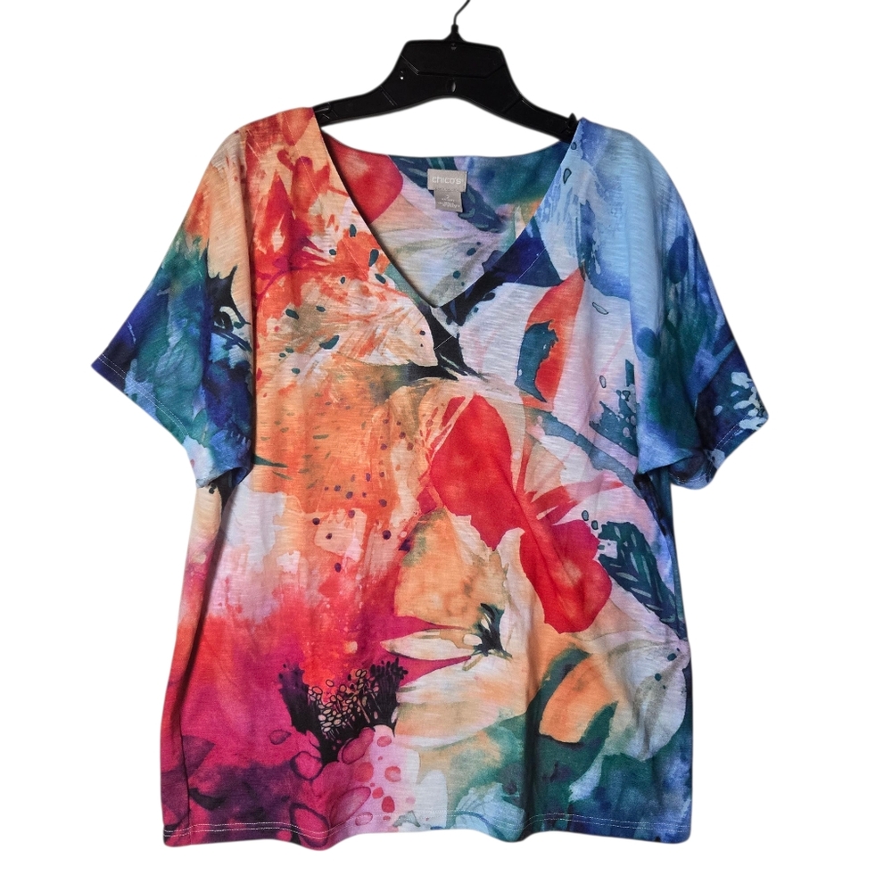 Chico's Artistic Floral Watercolors‎ V-Neck Short Sleeve Top